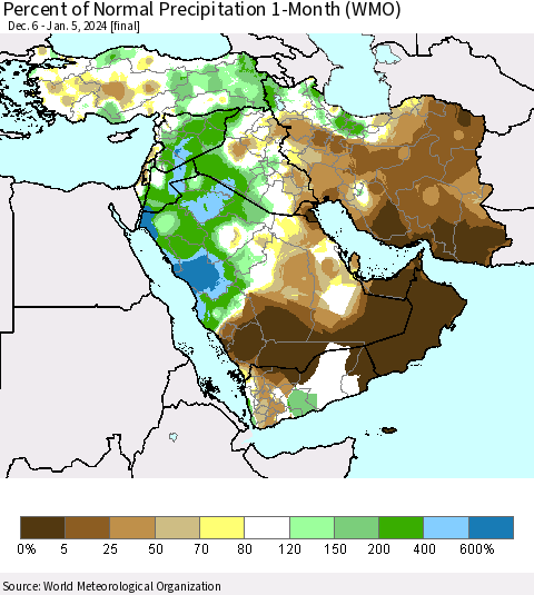 Middle East and Turkey Percent of Normal Precipitation 1-Month (WMO) Thematic Map For 12/6/2023 - 1/5/2024