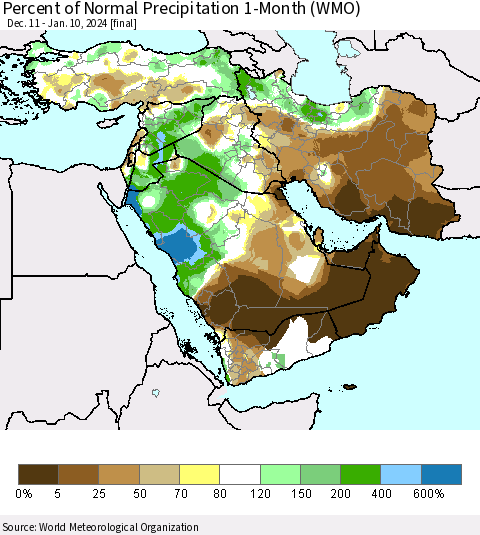 Middle East and Turkey Percent of Normal Precipitation 1-Month (WMO) Thematic Map For 12/11/2023 - 1/10/2024