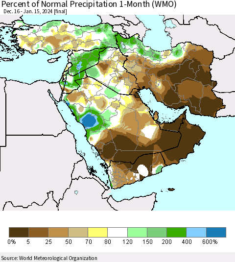 Middle East and Turkey Percent of Normal Precipitation 1-Month (WMO) Thematic Map For 12/16/2023 - 1/15/2024