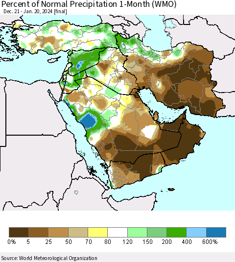Middle East and Turkey Percent of Normal Precipitation 1-Month (WMO) Thematic Map For 12/21/2023 - 1/20/2024