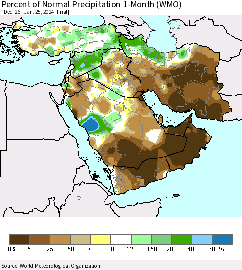 Middle East and Turkey Percent of Normal Precipitation 1-Month (WMO) Thematic Map For 12/26/2023 - 1/25/2024