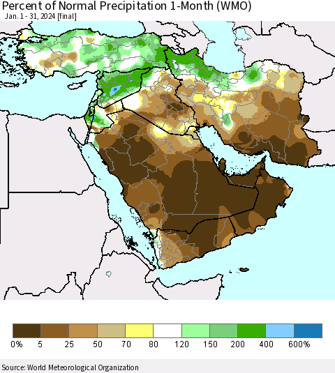Middle East and Turkey Percent of Normal Precipitation 1-Month (WMO) Thematic Map For 1/1/2024 - 1/31/2024