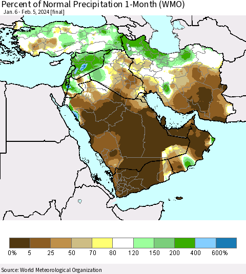 Middle East and Turkey Percent of Normal Precipitation 1-Month (WMO) Thematic Map For 1/6/2024 - 2/5/2024