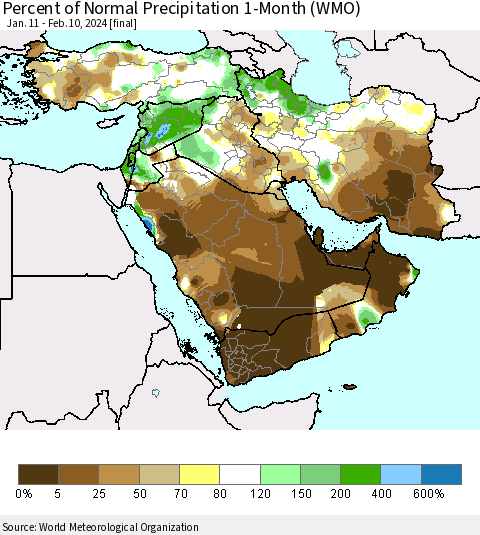 Middle East and Turkey Percent of Normal Precipitation 1-Month (WMO) Thematic Map For 1/11/2024 - 2/10/2024
