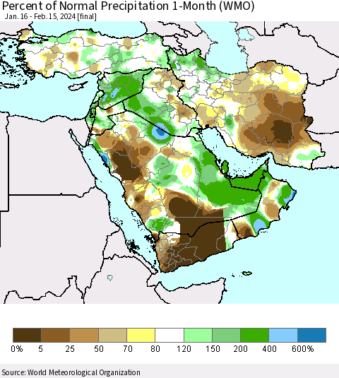 Middle East and Turkey Percent of Normal Precipitation 1-Month (WMO) Thematic Map For 1/16/2024 - 2/15/2024