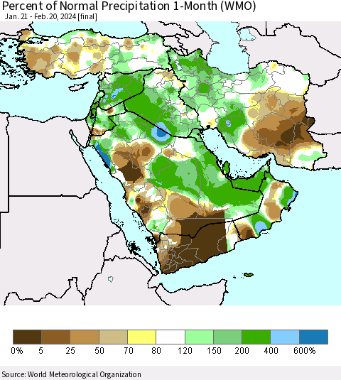 Middle East and Turkey Percent of Normal Precipitation 1-Month (WMO) Thematic Map For 1/21/2024 - 2/20/2024