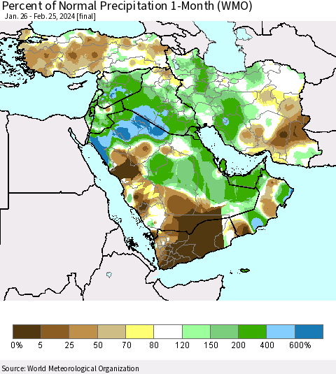 Middle East and Turkey Percent of Normal Precipitation 1-Month (WMO) Thematic Map For 1/26/2024 - 2/25/2024