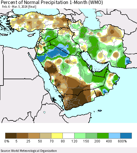 Middle East and Turkey Percent of Normal Precipitation 1-Month (WMO) Thematic Map For 2/6/2024 - 3/5/2024