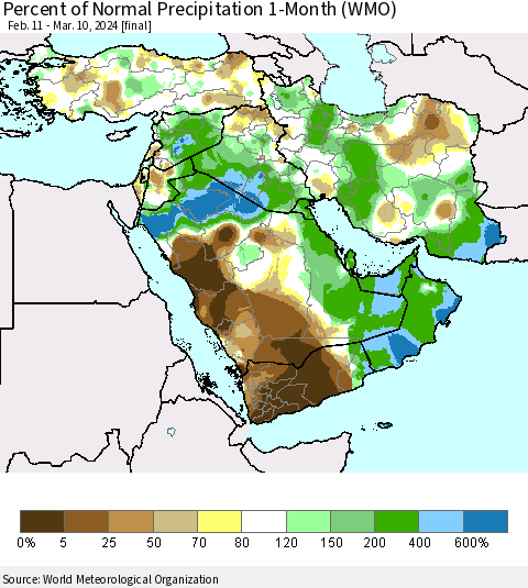 Middle East and Turkey Percent of Normal Precipitation 1-Month (WMO) Thematic Map For 2/11/2024 - 3/10/2024