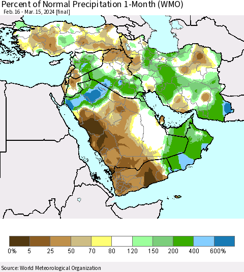Middle East and Turkey Percent of Normal Precipitation 1-Month (WMO) Thematic Map For 2/16/2024 - 3/15/2024