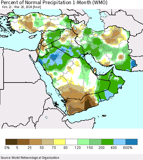 Middle East and Turkey Percent of Normal Precipitation 1-Month (WMO) Thematic Map For 2/21/2024 - 3/20/2024