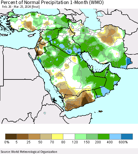 Middle East and Turkey Percent of Normal Precipitation 1-Month (WMO) Thematic Map For 2/26/2024 - 3/25/2024