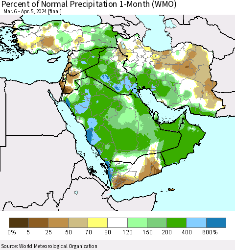 Middle East and Turkey Percent of Normal Precipitation 1-Month (WMO) Thematic Map For 3/6/2024 - 4/5/2024
