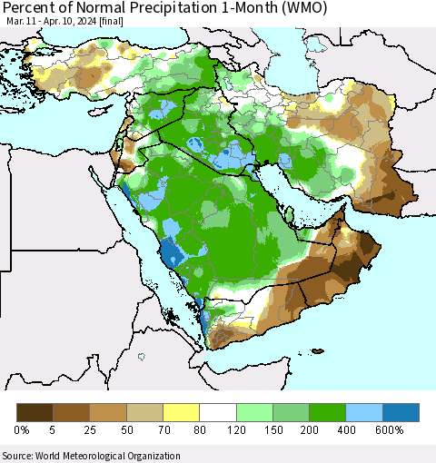 Middle East and Turkey Percent of Normal Precipitation 1-Month (WMO) Thematic Map For 3/11/2024 - 4/10/2024