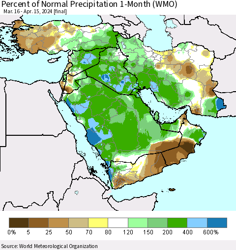 Middle East and Turkey Percent of Normal Precipitation 1-Month (WMO) Thematic Map For 3/16/2024 - 4/15/2024