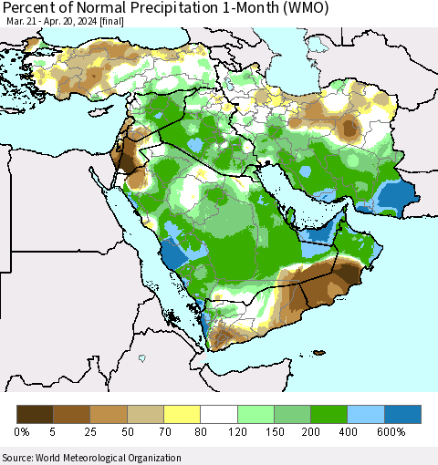 Middle East and Turkey Percent of Normal Precipitation 1-Month (WMO) Thematic Map For 3/21/2024 - 4/20/2024