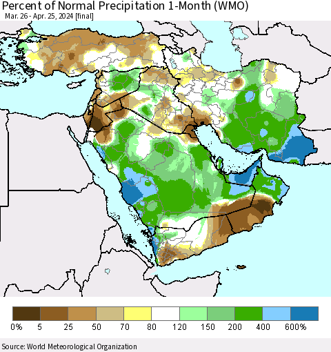 Middle East and Turkey Percent of Normal Precipitation 1-Month (WMO) Thematic Map For 3/26/2024 - 4/25/2024