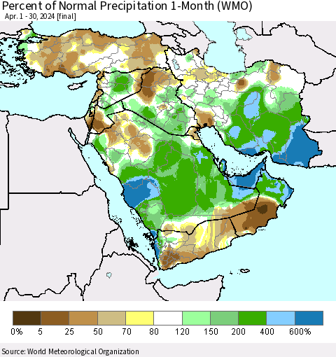 Middle East and Turkey Percent of Normal Precipitation 1-Month (WMO) Thematic Map For 4/1/2024 - 4/30/2024