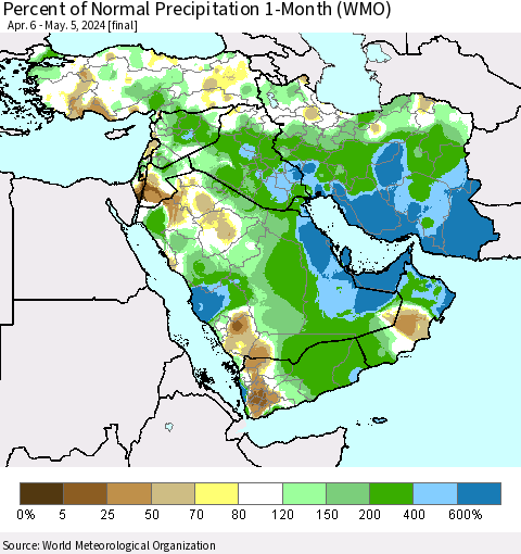 Middle East and Turkey Percent of Normal Precipitation 1-Month (WMO) Thematic Map For 4/6/2024 - 5/5/2024