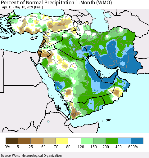 Middle East and Turkey Percent of Normal Precipitation 1-Month (WMO) Thematic Map For 4/11/2024 - 5/10/2024