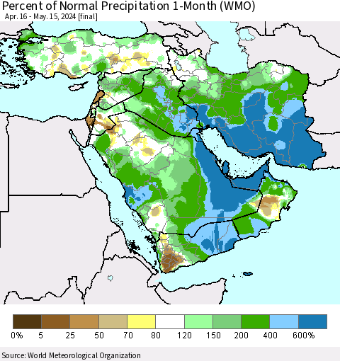 Middle East and Turkey Percent of Normal Precipitation 1-Month (WMO) Thematic Map For 4/16/2024 - 5/15/2024