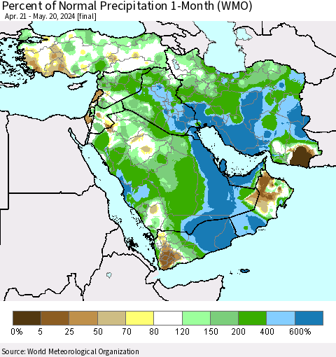 Middle East and Turkey Percent of Normal Precipitation 1-Month (WMO) Thematic Map For 4/21/2024 - 5/20/2024
