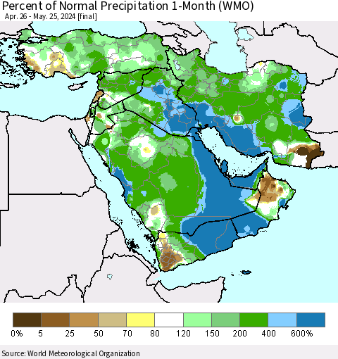 Middle East and Turkey Percent of Normal Precipitation 1-Month (WMO) Thematic Map For 4/26/2024 - 5/25/2024