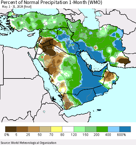 Middle East and Turkey Percent of Normal Precipitation 1-Month (WMO) Thematic Map For 5/1/2024 - 5/31/2024