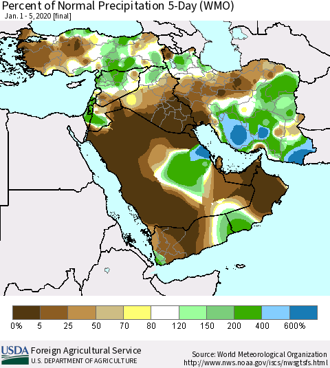 Middle East and Turkey Percent of Normal Precipitation 5-Day (WMO) Thematic Map For 1/1/2020 - 1/5/2020