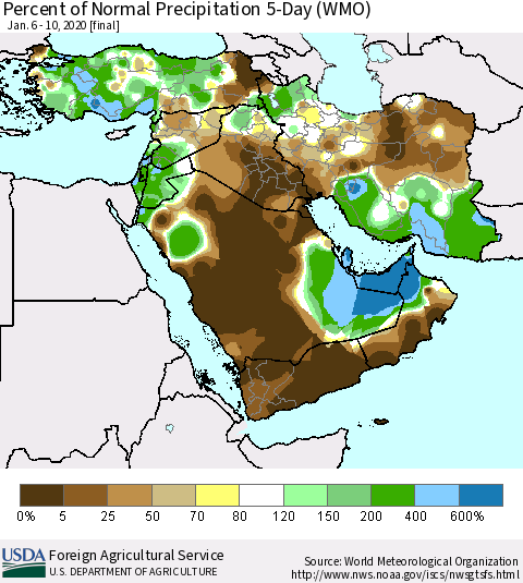 Middle East and Turkey Percent of Normal Precipitation 5-Day (WMO) Thematic Map For 1/6/2020 - 1/10/2020