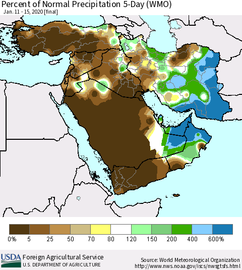 Middle East and Turkey Percent of Normal Precipitation 5-Day (WMO) Thematic Map For 1/11/2020 - 1/15/2020