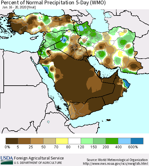 Middle East and Turkey Percent of Normal Precipitation 5-Day (WMO) Thematic Map For 1/16/2020 - 1/20/2020