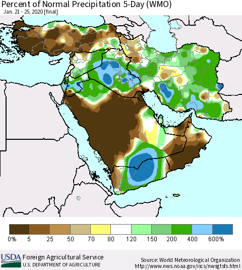 Middle East and Turkey Percent of Normal Precipitation 5-Day (WMO) Thematic Map For 1/21/2020 - 1/25/2020