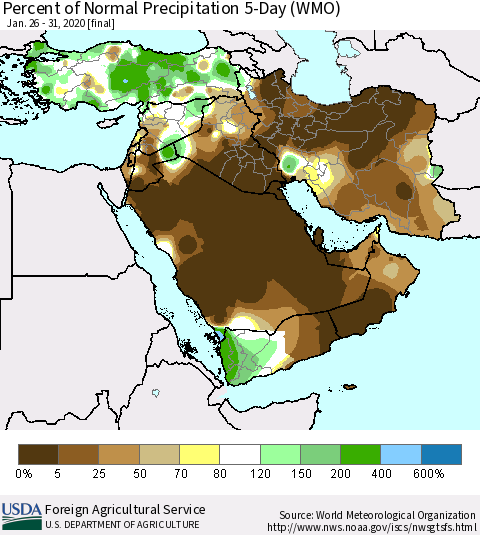Middle East and Turkey Percent of Normal Precipitation 5-Day (WMO) Thematic Map For 1/26/2020 - 1/31/2020