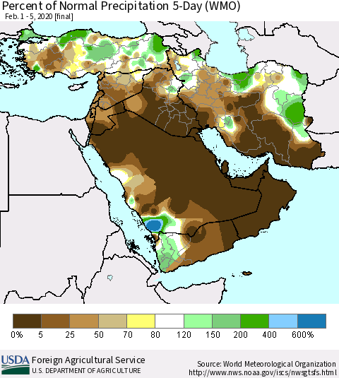Middle East and Turkey Percent of Normal Precipitation 5-Day (WMO) Thematic Map For 2/1/2020 - 2/5/2020
