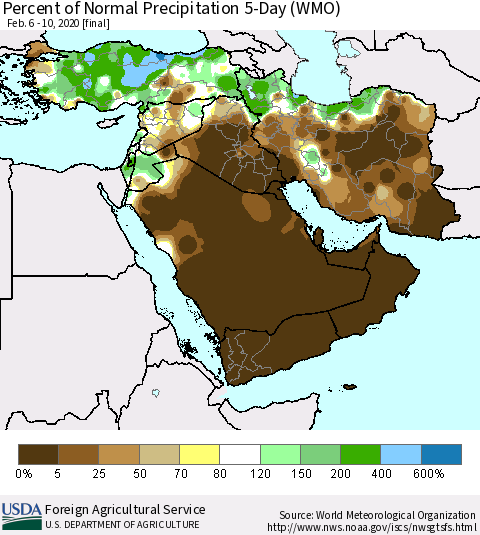Middle East and Turkey Percent of Normal Precipitation 5-Day (WMO) Thematic Map For 2/6/2020 - 2/10/2020