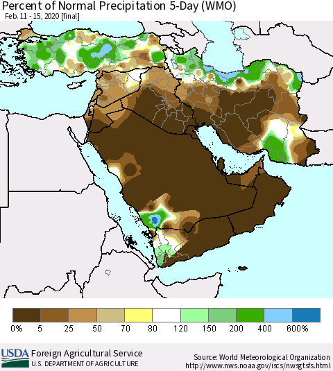 Middle East and Turkey Percent of Normal Precipitation 5-Day (WMO) Thematic Map For 2/11/2020 - 2/15/2020