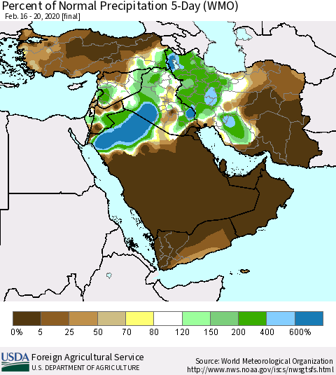 Middle East and Turkey Percent of Normal Precipitation 5-Day (WMO) Thematic Map For 2/16/2020 - 2/20/2020