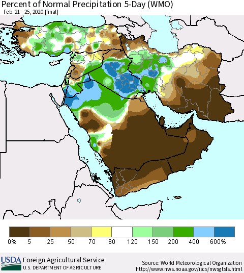 Middle East and Turkey Percent of Normal Precipitation 5-Day (WMO) Thematic Map For 2/21/2020 - 2/25/2020