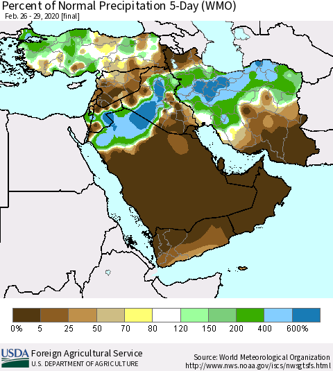 Middle East and Turkey Percent of Normal Precipitation 5-Day (WMO) Thematic Map For 2/26/2020 - 2/29/2020