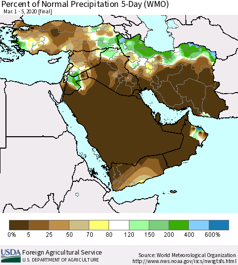 Middle East and Turkey Percent of Normal Precipitation 5-Day (WMO) Thematic Map For 3/1/2020 - 3/5/2020