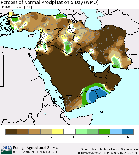 Middle East and Turkey Percent of Normal Precipitation 5-Day (WMO) Thematic Map For 3/6/2020 - 3/10/2020