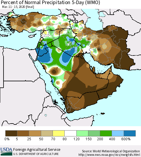 Middle East and Turkey Percent of Normal Precipitation 5-Day (WMO) Thematic Map For 3/11/2020 - 3/15/2020