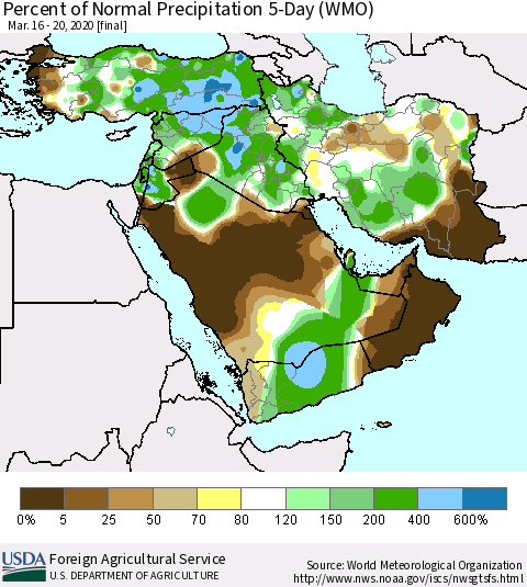 Middle East and Turkey Percent of Normal Precipitation 5-Day (WMO) Thematic Map For 3/16/2020 - 3/20/2020