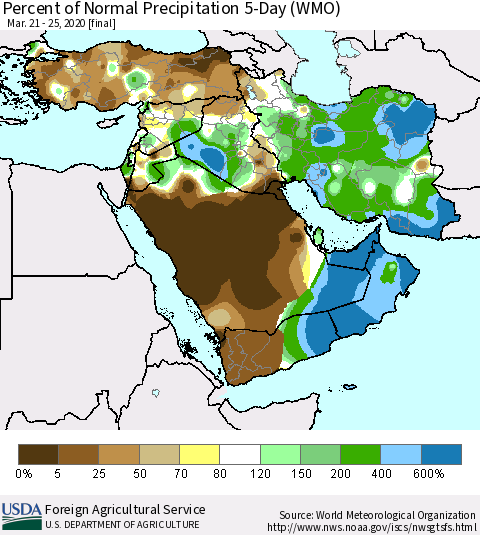 Middle East and Turkey Percent of Normal Precipitation 5-Day (WMO) Thematic Map For 3/21/2020 - 3/25/2020