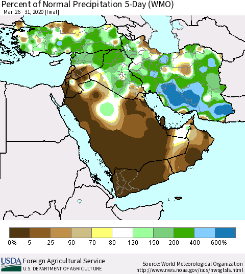 Middle East and Turkey Percent of Normal Precipitation 5-Day (WMO) Thematic Map For 3/26/2020 - 3/31/2020