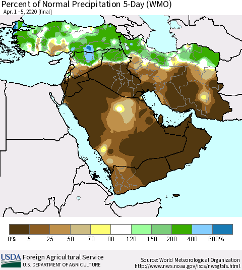 Middle East and Turkey Percent of Normal Precipitation 5-Day (WMO) Thematic Map For 4/1/2020 - 4/5/2020