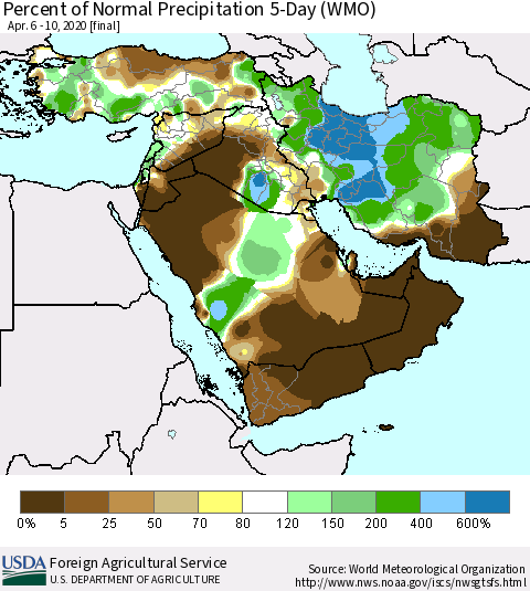 Middle East and Turkey Percent of Normal Precipitation 5-Day (WMO) Thematic Map For 4/6/2020 - 4/10/2020
