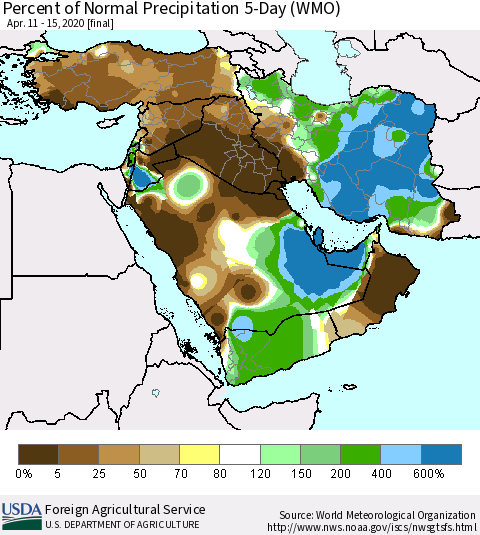 Middle East and Turkey Percent of Normal Precipitation 5-Day (WMO) Thematic Map For 4/11/2020 - 4/15/2020