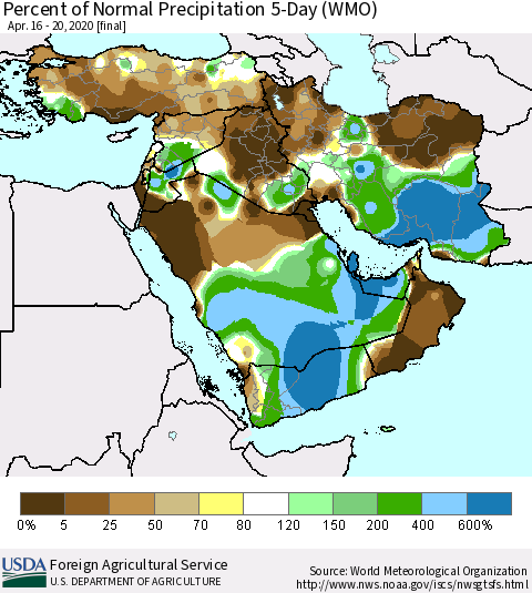 Middle East and Turkey Percent of Normal Precipitation 5-Day (WMO) Thematic Map For 4/16/2020 - 4/20/2020
